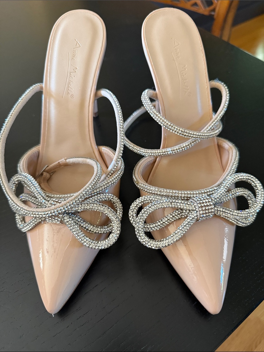 My Michelle Blush Patent Pointed-Toe Heels with Crystal Bow Straps